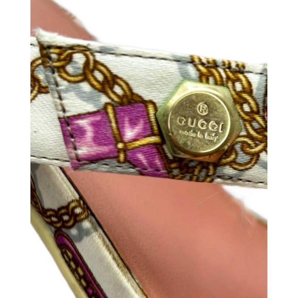 Gucci Vintage Chain Crest Print Satin Stiletto Heeled Sandals Mules Cream Size 8 - Picture 3 of 5